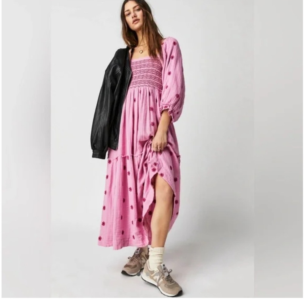 Pink Smocked Midi Dress